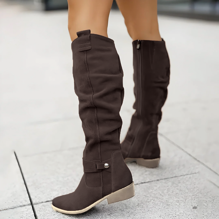 Suede Slouch Ankle Strap Low Block Heel Knee High Boots