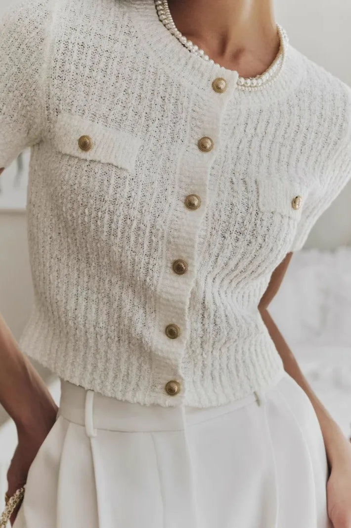Taryn | Women's Textured Knit Button Front Short Sleeve Cropped Cardigan
