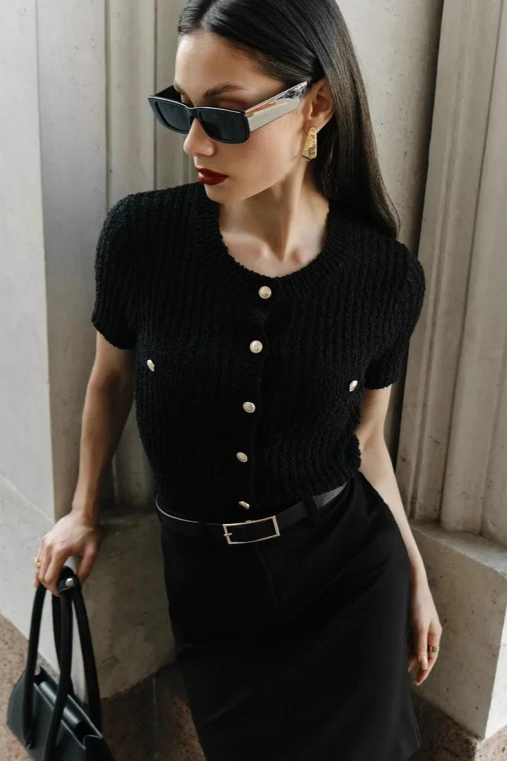 Taryn | Women's Textured Knit Button Front Short Sleeve Cropped Cardigan