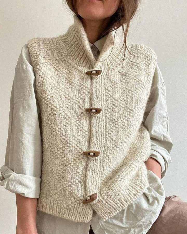 Women's Knit Sweater Vest High Neck Sleeveless Toggle Button Cardigan
