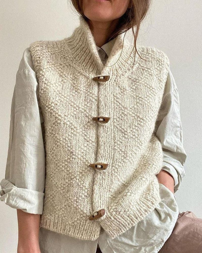 Women's Knit Sweater Vest High Neck Sleeveless Toggle Button Cardigan