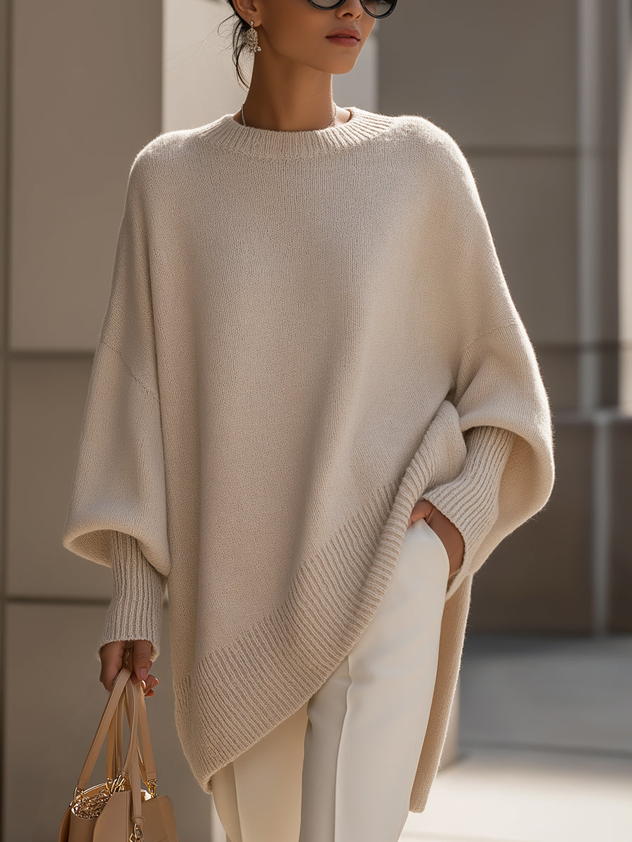 Women's Oversized Poncho Sweater Mock Neck Long Sleeve Asymmetric Hem Casual