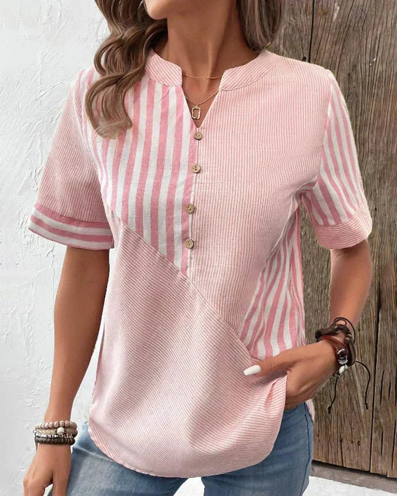 Genevieve | Striped Colorblock Half-Button Short Sleeve Blouse for Women