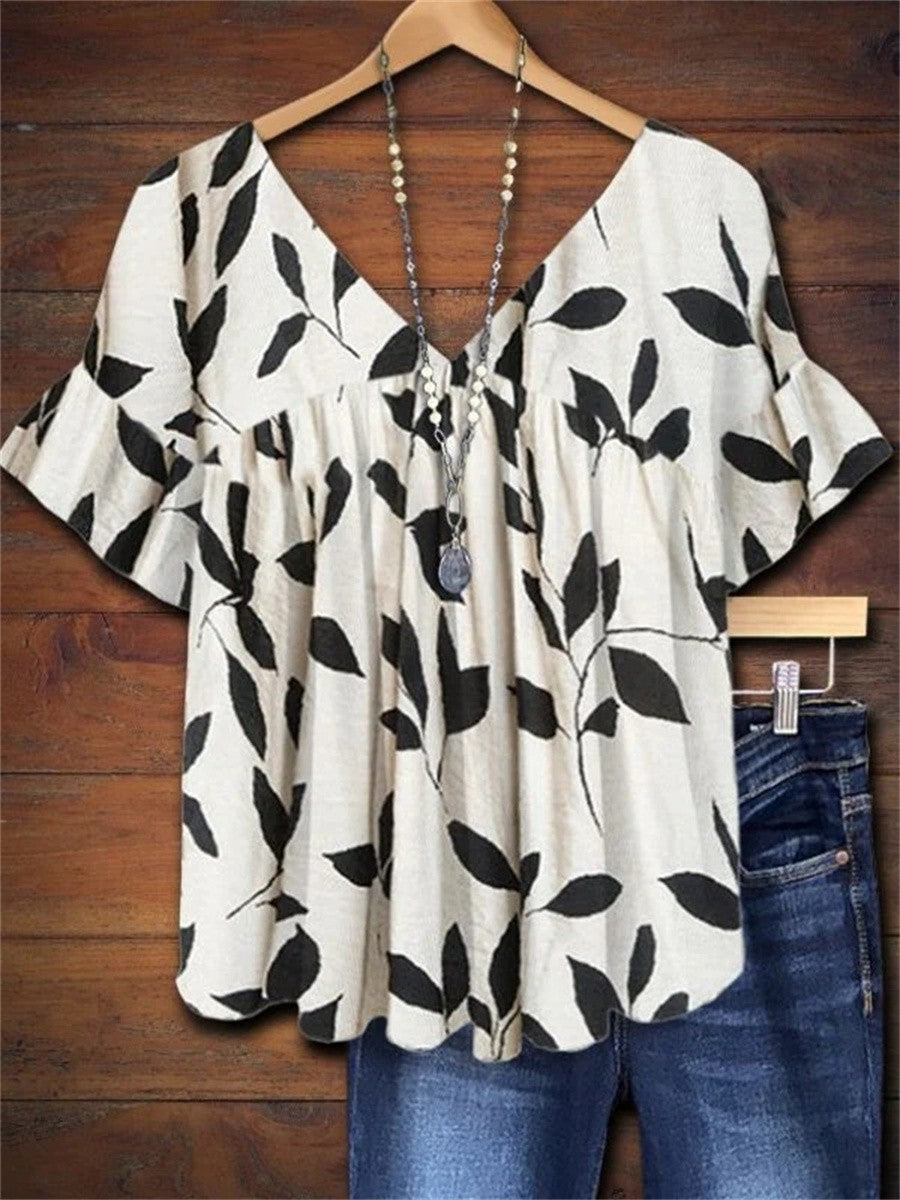 Matilda | V-Neck Flutter Sleeve Leaf Print Blouse for Women