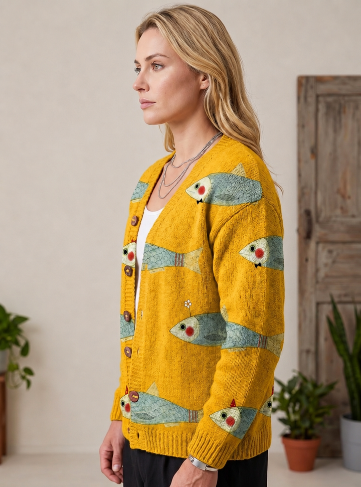Edwina | Button-Down Fish Print Cardigan for Women