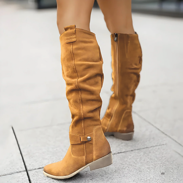 Suede Slouch Ankle Strap Low Block Heel Knee High Boots