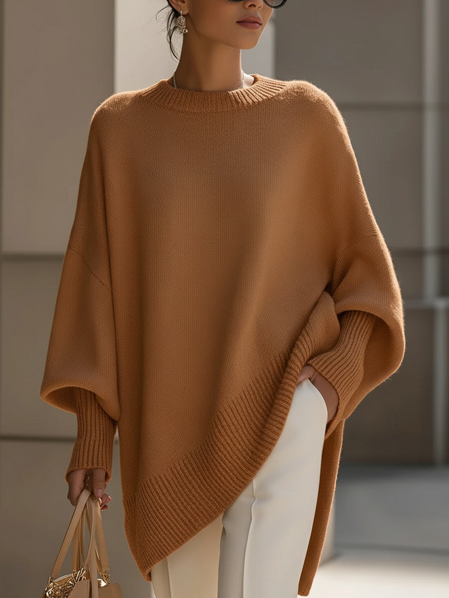 Women's Oversized Poncho Sweater Mock Neck Long Sleeve Asymmetric Hem Casual