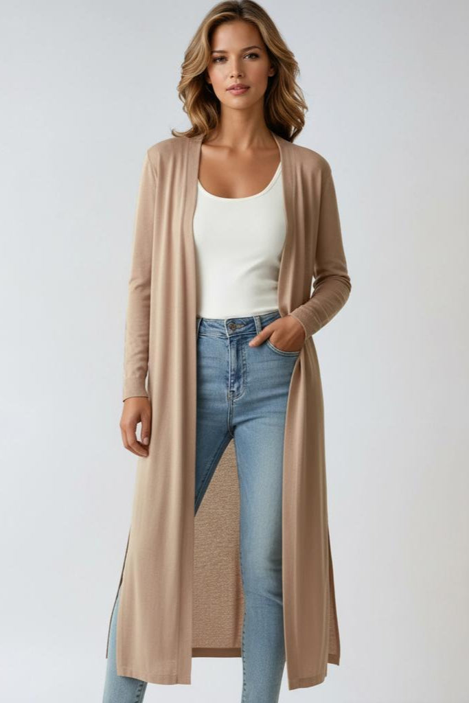 Women's Long Cardigan Open Front Long Sleeve Side Slit Knit Duster