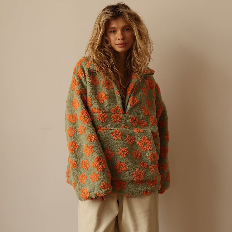 Women's Floral Sherpa Pullover – Oversized Boho Pattern Sweater