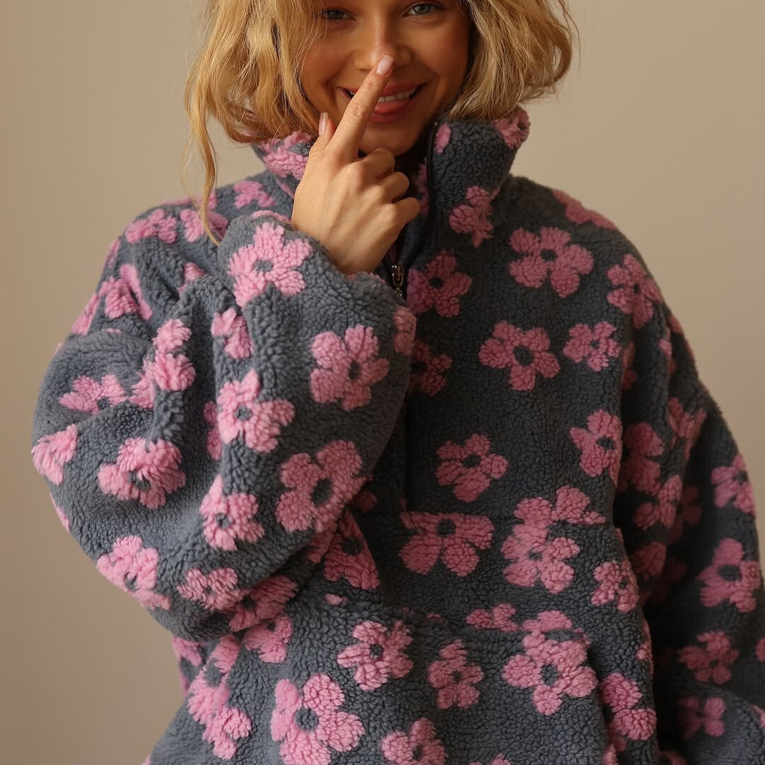 Women's Floral Sherpa Pullover – Oversized Boho Pattern Sweater