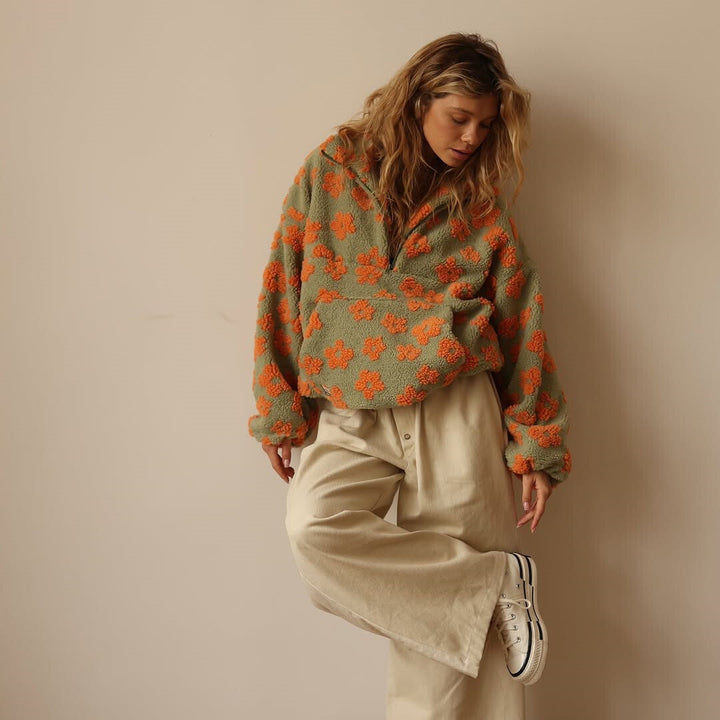 Women's Floral Sherpa Pullover – Oversized Boho Pattern Sweater