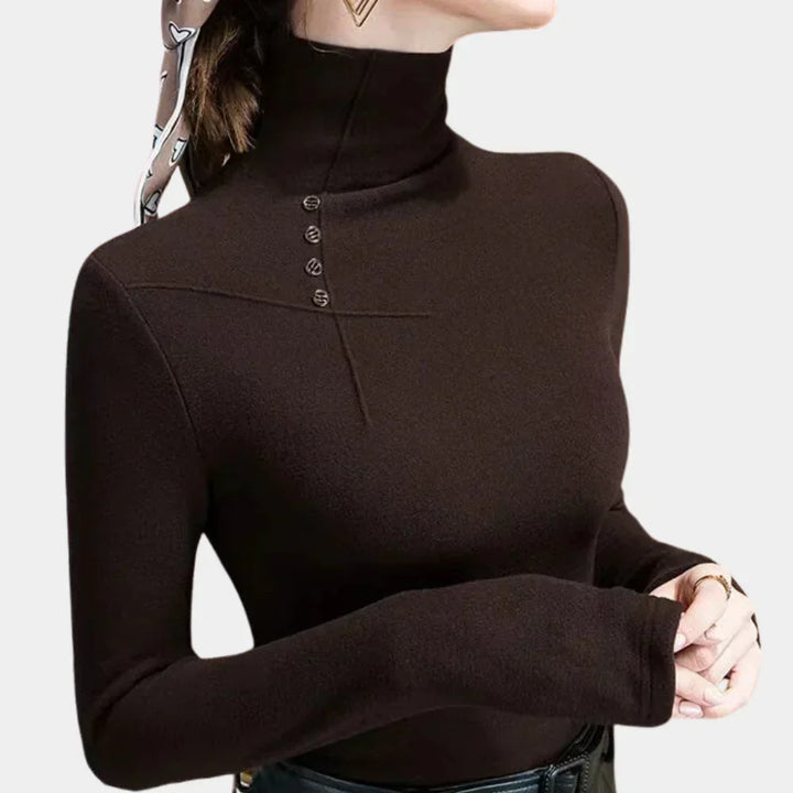 Women's Mocha High Collar Top – Button Accent Long Sleeve Top