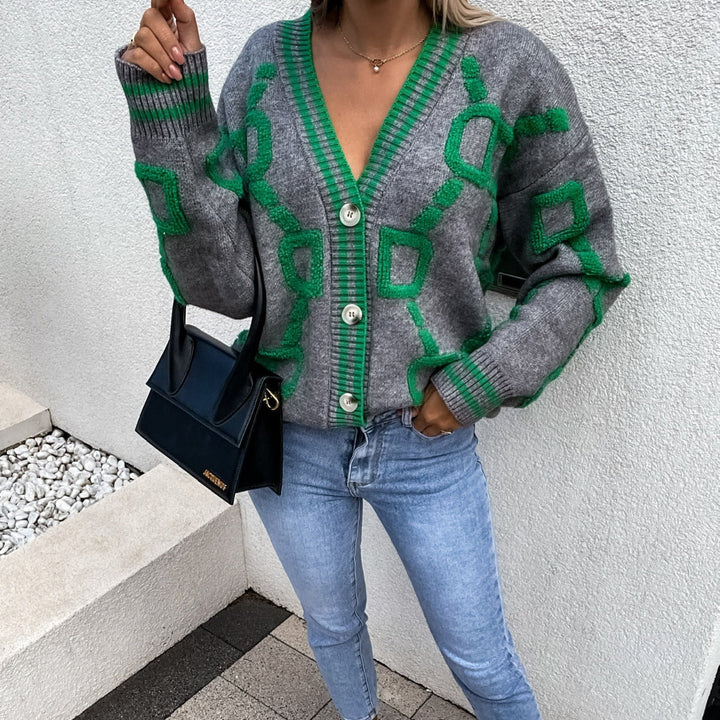 Women's Oversized Geometric Cardigan – Patterned Button Front Knit Cardigan