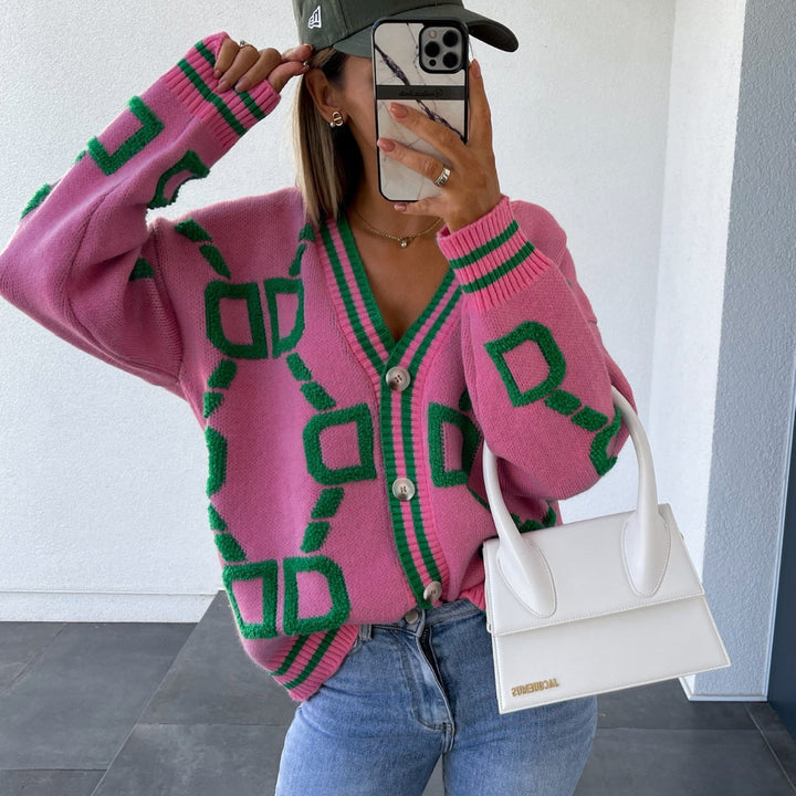 Women's Oversized Geometric Cardigan – Patterned Button Front Knit Cardigan