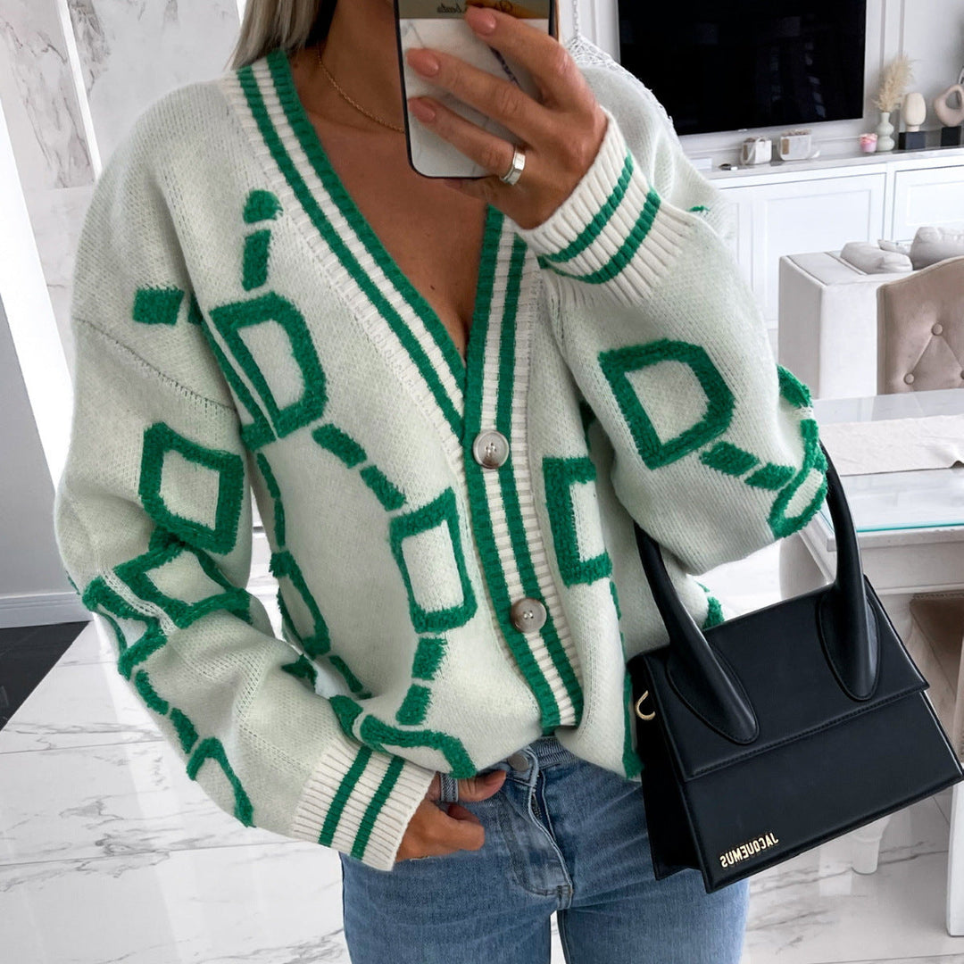 Women's Oversized Geometric Cardigan – Patterned Button Front Knit Cardigan
