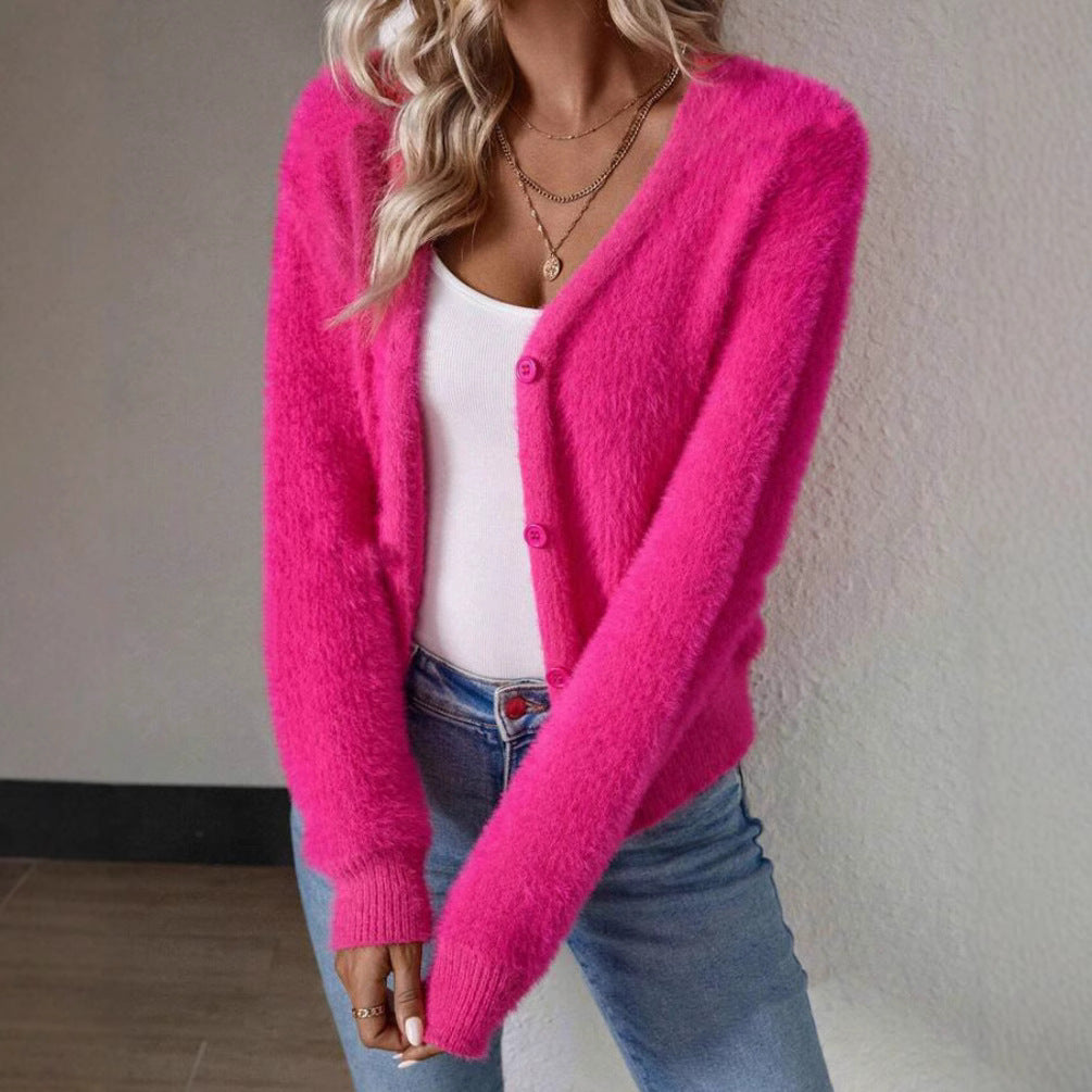 Women's Fluffy V-Neck Knit Cardigan – Relaxed Button Front Cardigan