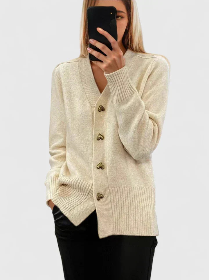 Lillyanne | Women's Cashmere V-Neck Cardigan, Heart Button Detail – Elegant Layering