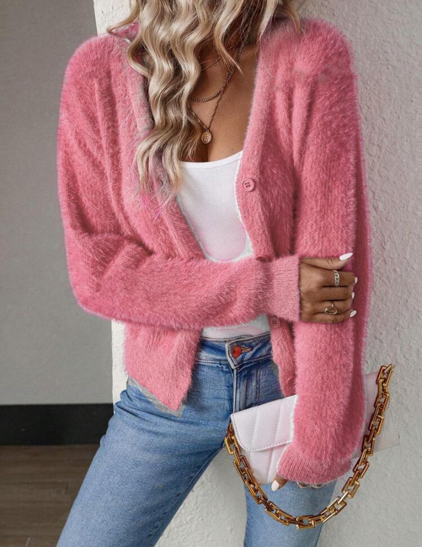 Women's Fluffy V-Neck Knit Cardigan – Relaxed Button Front Cardigan