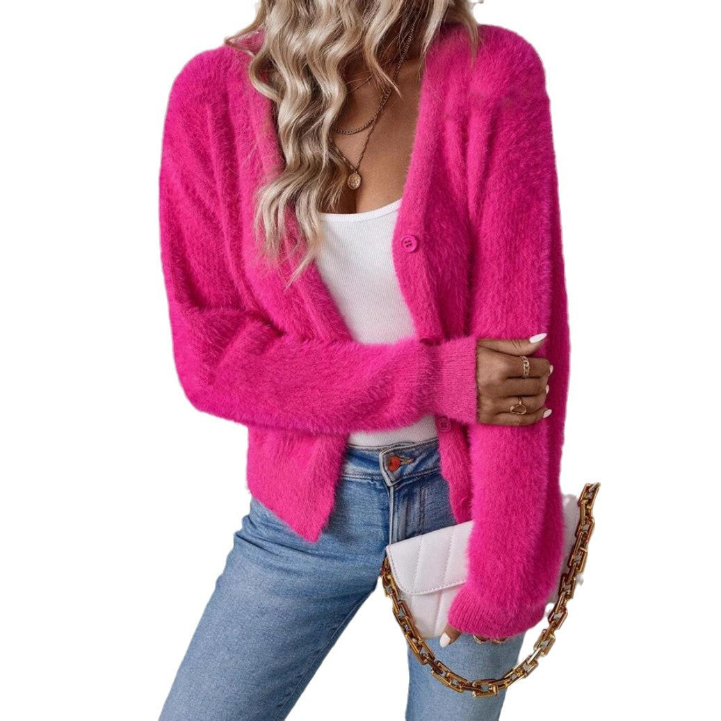 Women's Fluffy V-Neck Knit Cardigan – Relaxed Button Front Cardigan