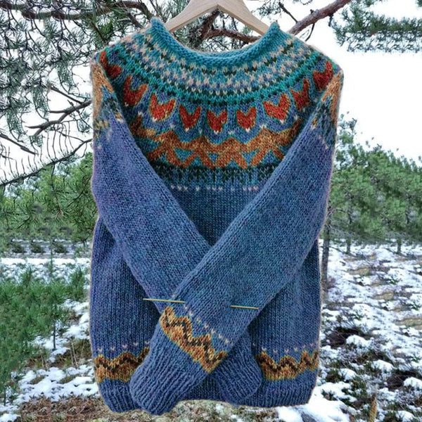 Women's Vintage Nordic Sweater – Icelandic Pattern Crew Neck Pullover