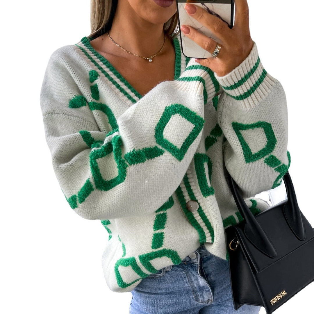 Women's Oversized Geometric Cardigan – Patterned Button Front Knit Cardigan