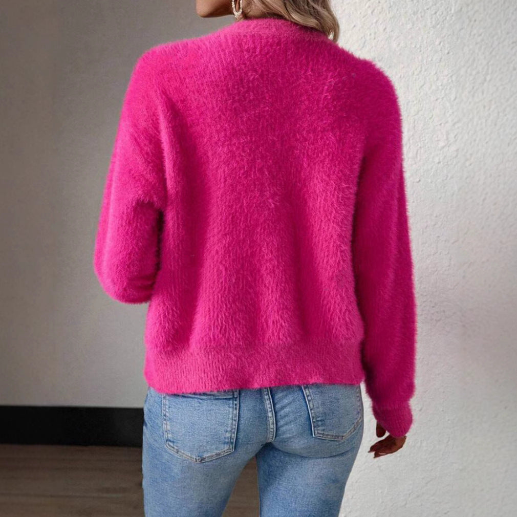 Women's Fluffy V-Neck Knit Cardigan – Relaxed Button Front Cardigan