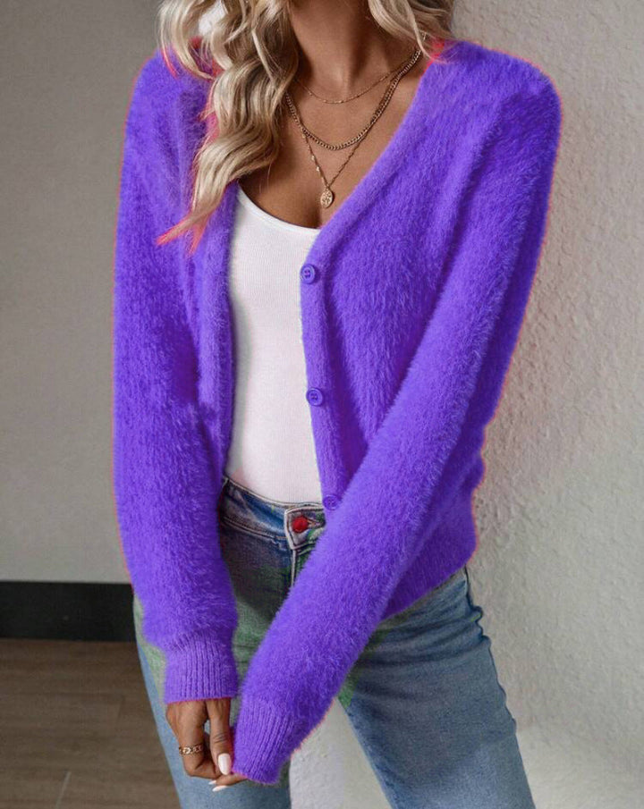Women's Fluffy V-Neck Knit Cardigan – Relaxed Button Front Cardigan