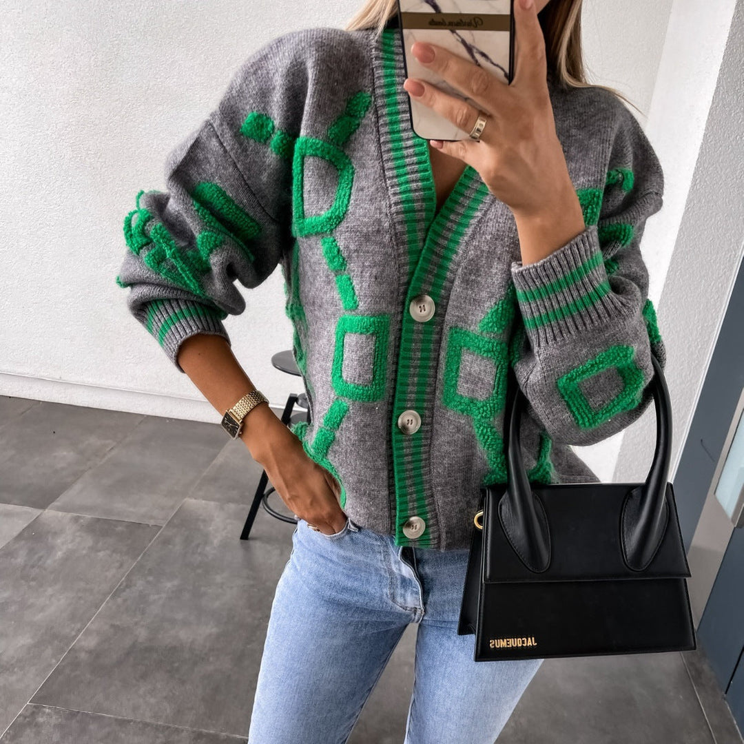 Women's Oversized Geometric Cardigan – Patterned Button Front Knit Cardigan