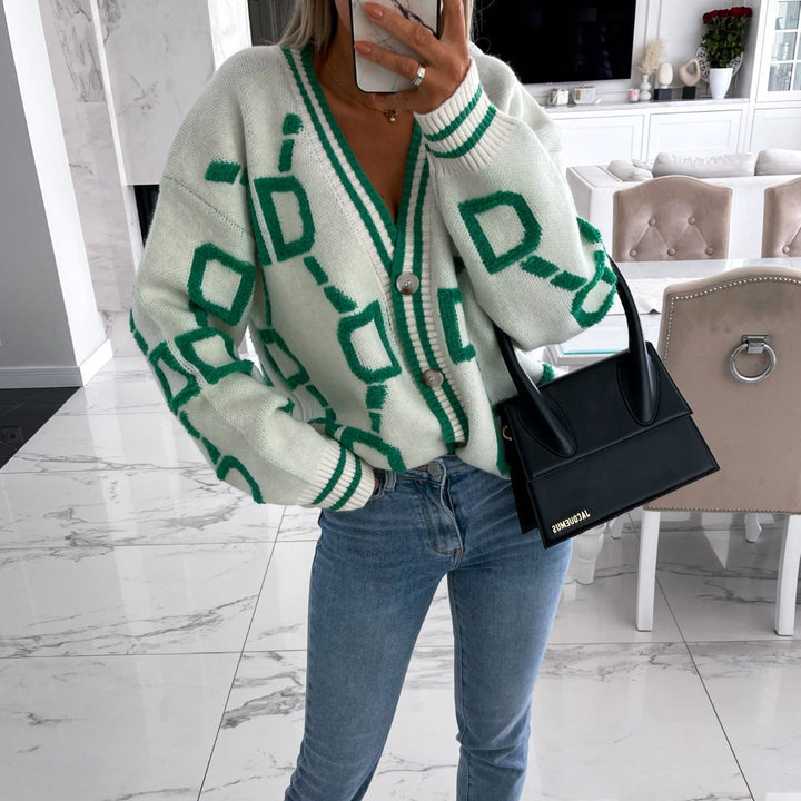 Women's Oversized Geometric Cardigan – Patterned Button Front Knit Cardigan