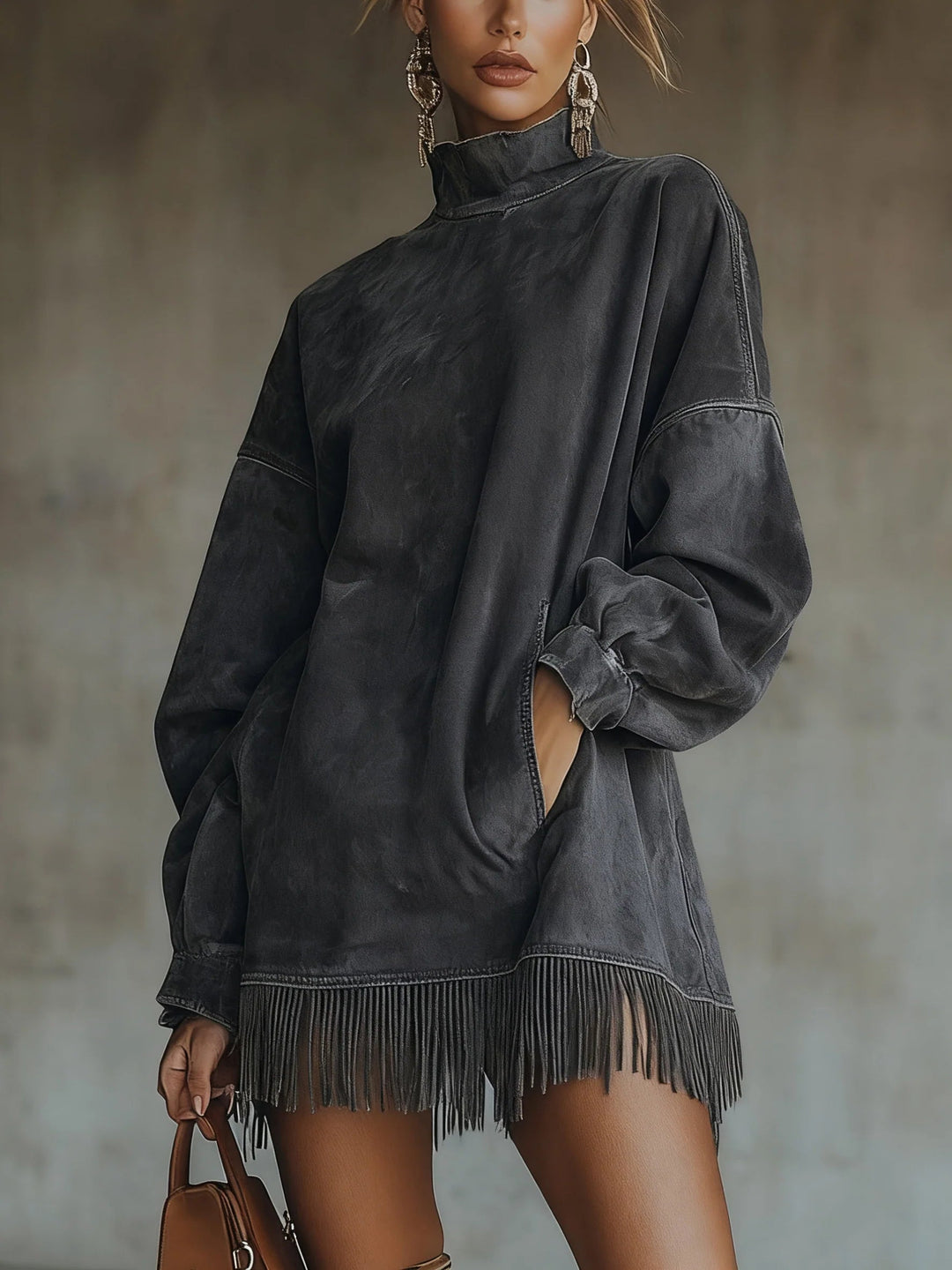 Darcie | Suede Dress with Fringes and Turtleneck