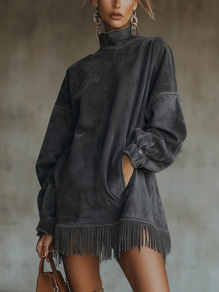 Darcie | Suede Dress with Fringes and Turtleneck