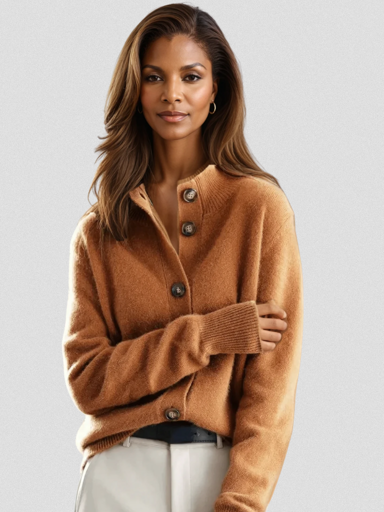 Women's Button Cardigan Mock Neck Long Sleeve Knit Casual Sweater