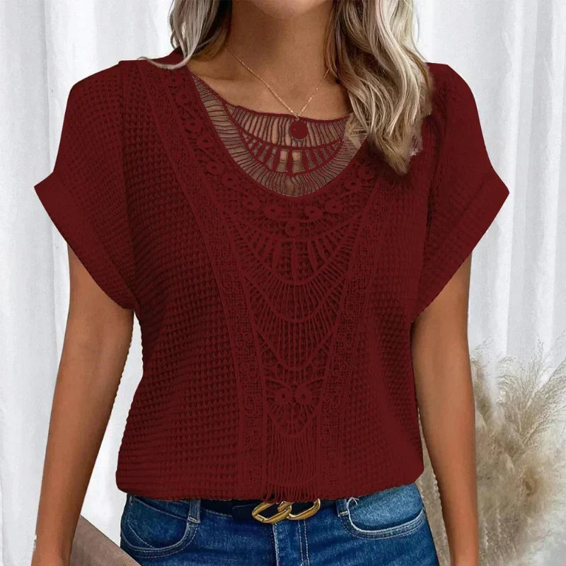 Women's Crochet Lace Trim Top Round Neck Short Sleeve Knit Casual