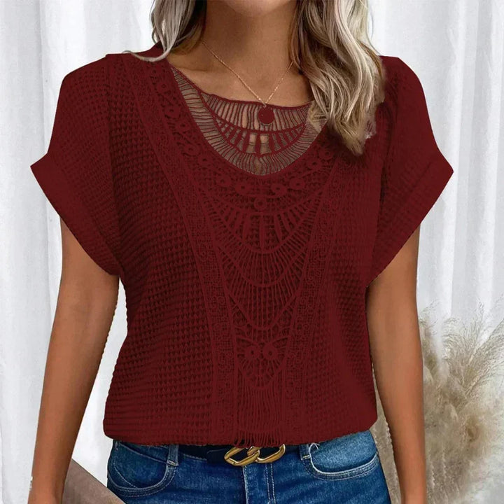 Women's Crochet Lace Trim Top Round Neck Short Sleeve Knit Casual