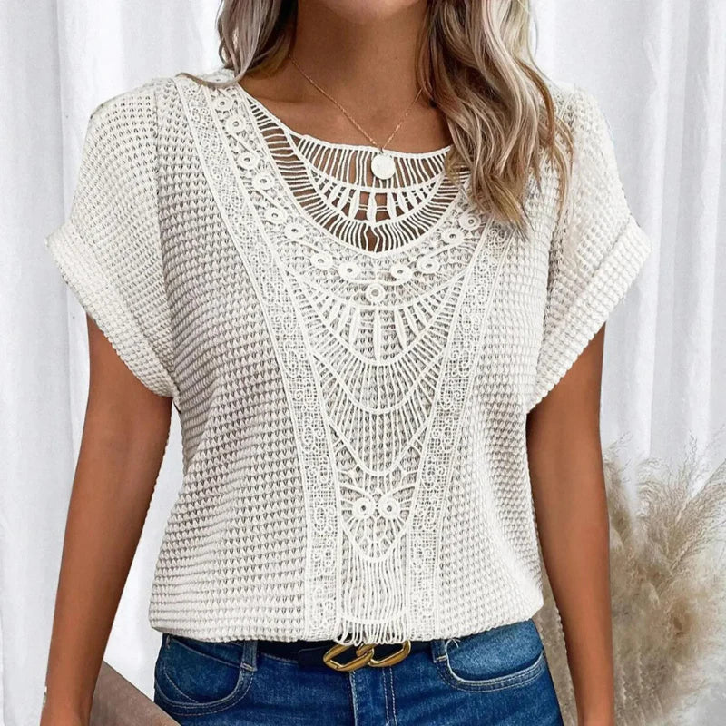 Women's Crochet Lace Trim Top Round Neck Short Sleeve Knit Casual