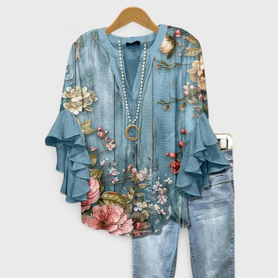 Elara | Blouse with V-Neck and Ruffled Sleeves for Women
