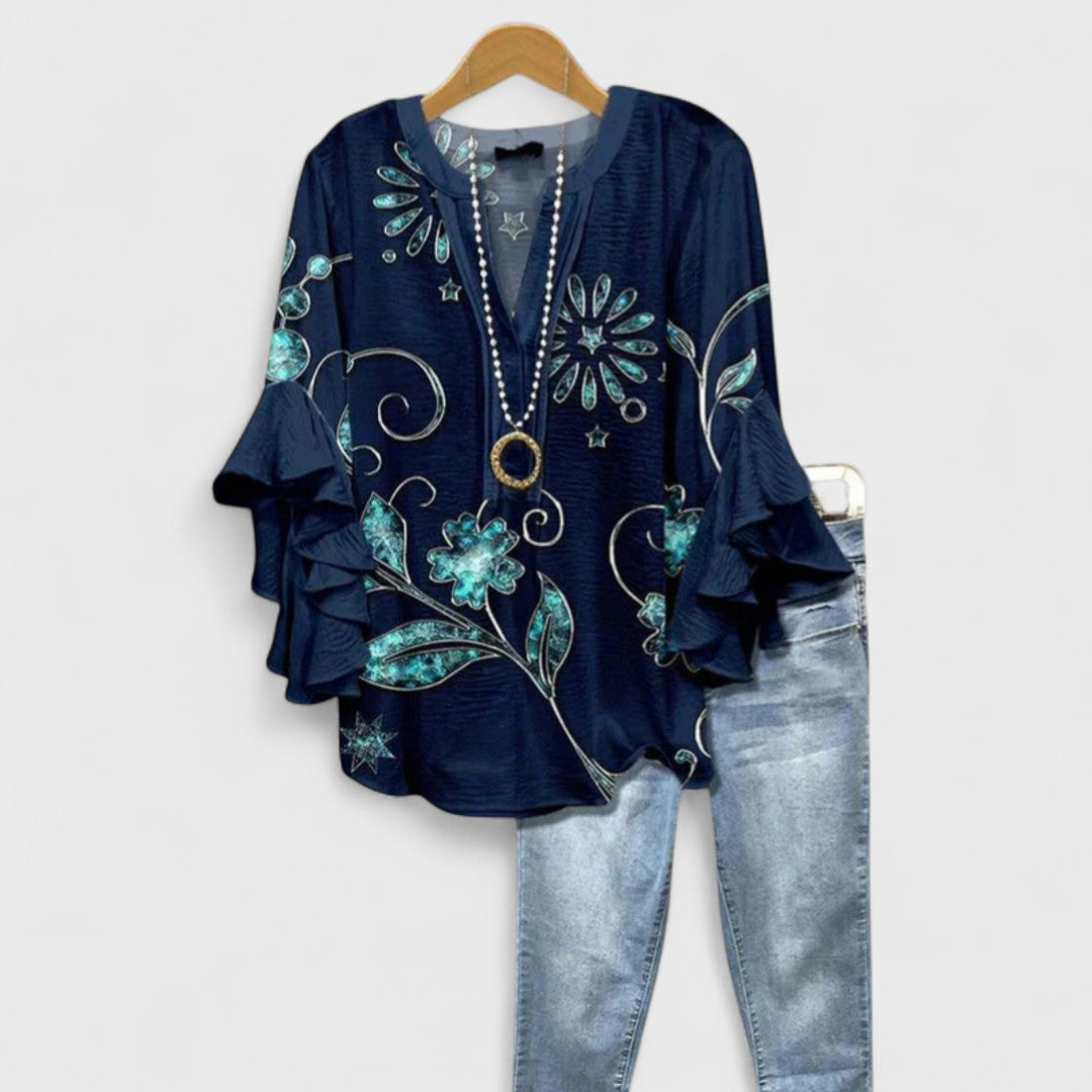 Elara | Blouse with V-Neck and Ruffled Sleeves for Women