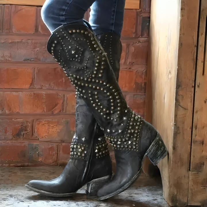 Women's Knee-High Studded Western Boots | Casual Footwear
