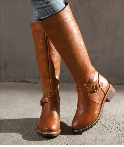Women's Knee-High Boots Closed Toe Buckle Detail Casual Footwear