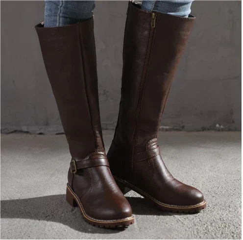 Women's Knee-High Boots Closed Toe Buckle Detail Casual Footwear