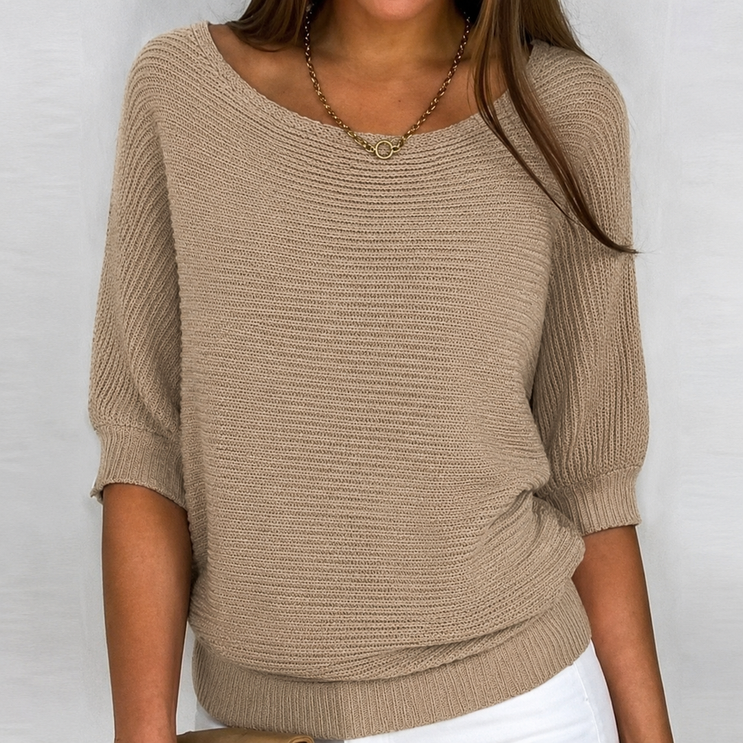 Aurora | Cotton-Blend Ribbed Knit Three-Quarter Sleeves Sweater for Women