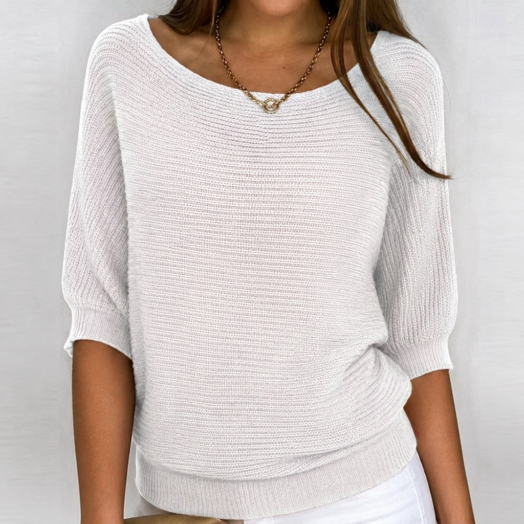 Aurora | Cotton-Blend Ribbed Knit Three-Quarter Sleeves Sweater for Women