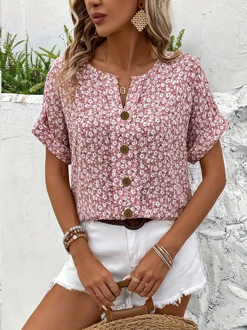 Genesis | Short Sleeve Button-Front Ditsy Floral Blouse for Women