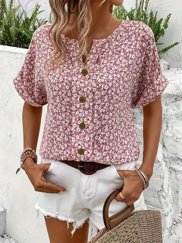 Genesis | Short Sleeve Button-Front Ditsy Floral Blouse for Women