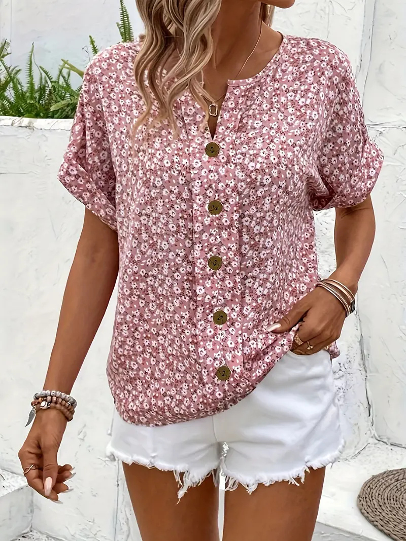 Genesis | Short Sleeve Button-Front Ditsy Floral Blouse for Women