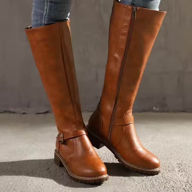 Women's Knee-High Boots Closed Toe Buckle Detail Casual Footwear