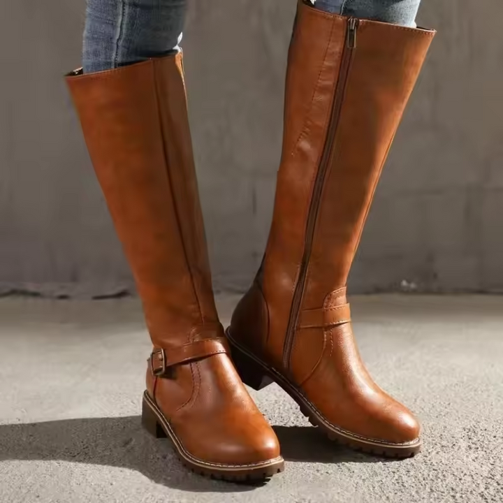 Women's Knee-High Boots Closed Toe Buckle Detail Casual Footwear