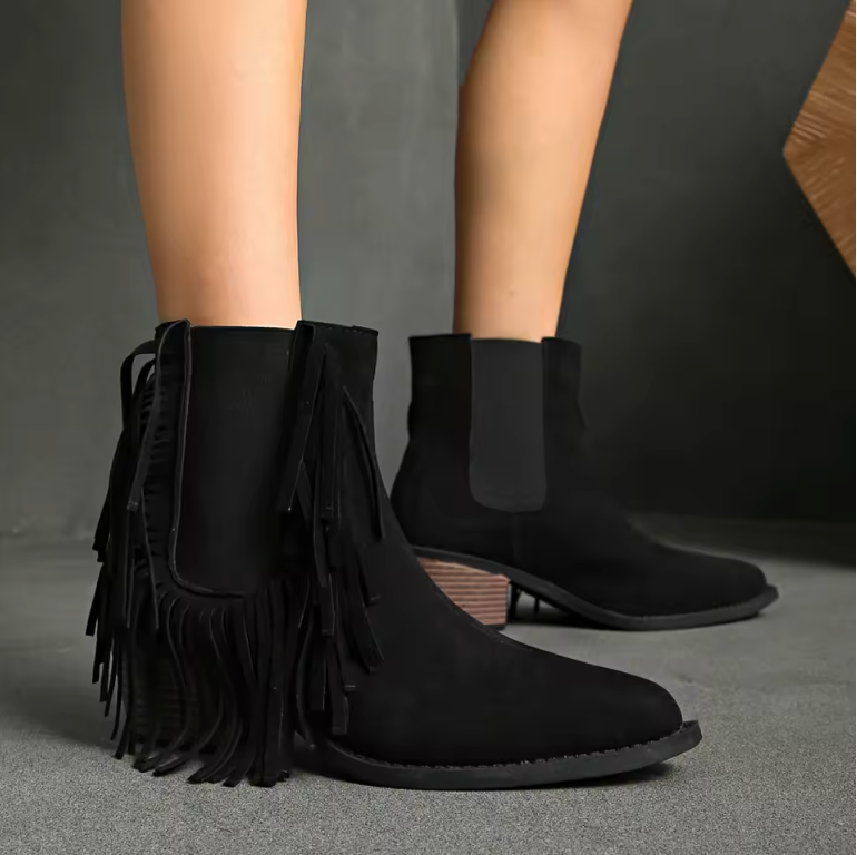 Women's Fringe Ankle Boots | Block Heel Casual Footwear