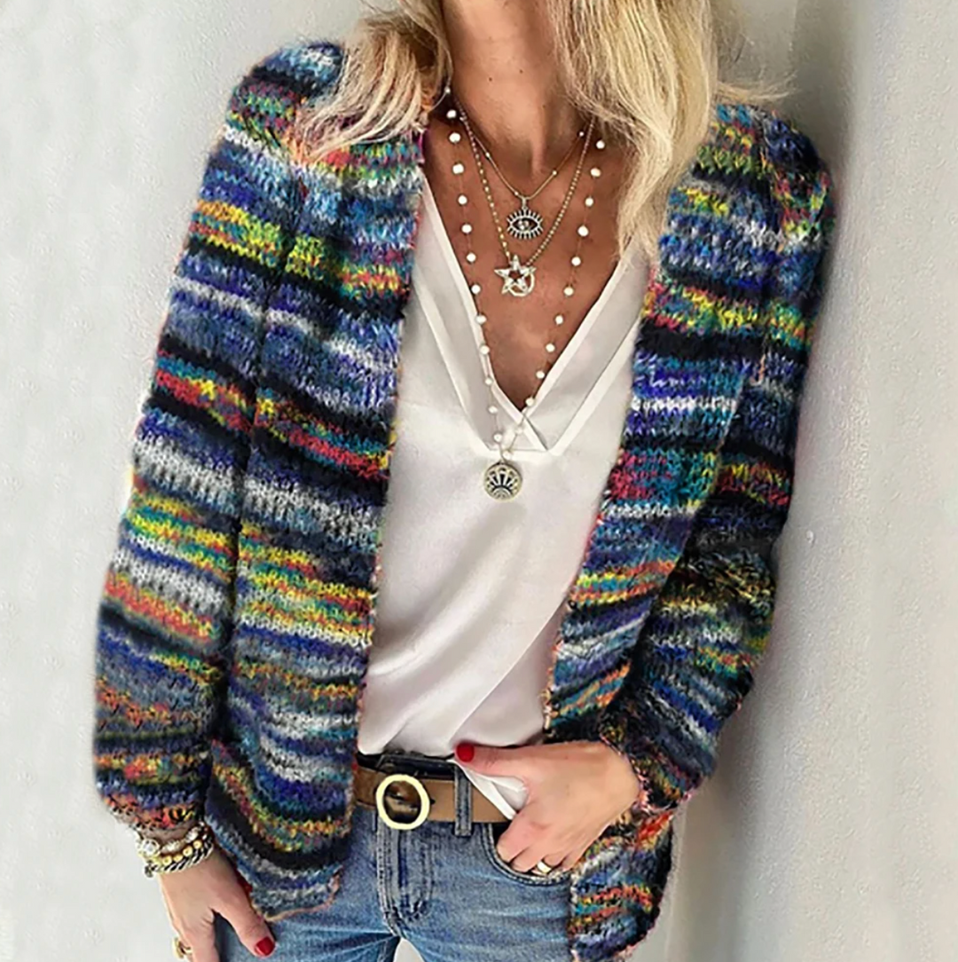 Women's Multicolor Striped Cardigan Open Front Long Sleeve Knit Casual