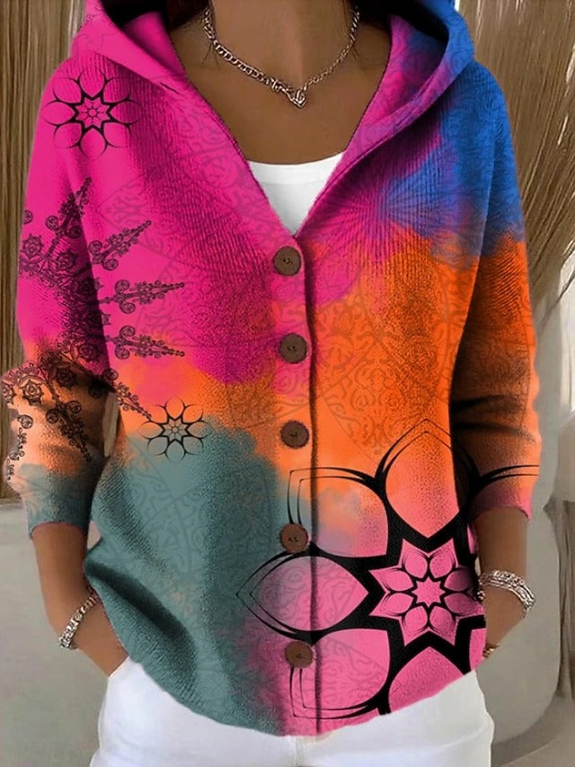 Cassidy | Women's Hooded Multicolour Print Button Cardigan